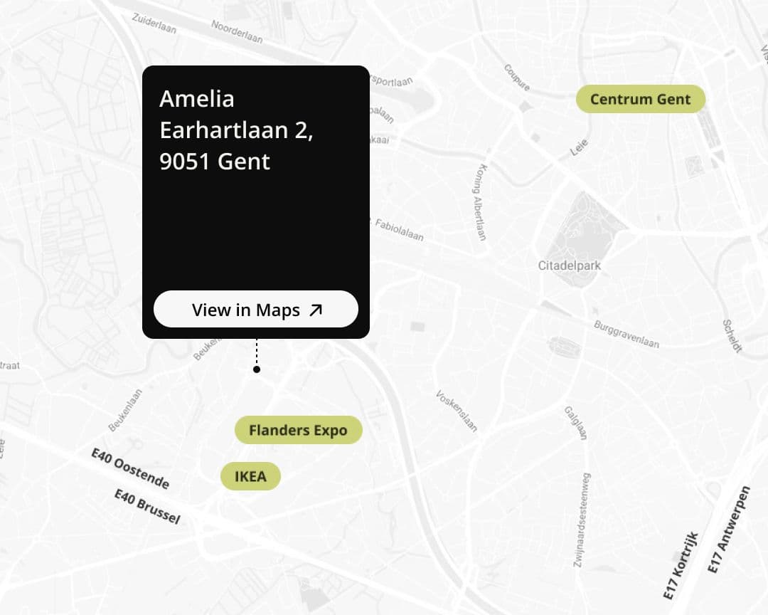 Map showing Spinae office location at Amelia Earhartlaan 2, 9051 Gent